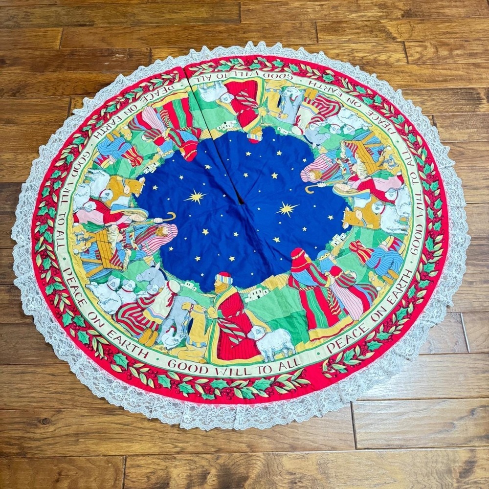 VTG Handmade Nativity Scene Christmas Tree Skirt Peace On Earth Lace Trim 57"